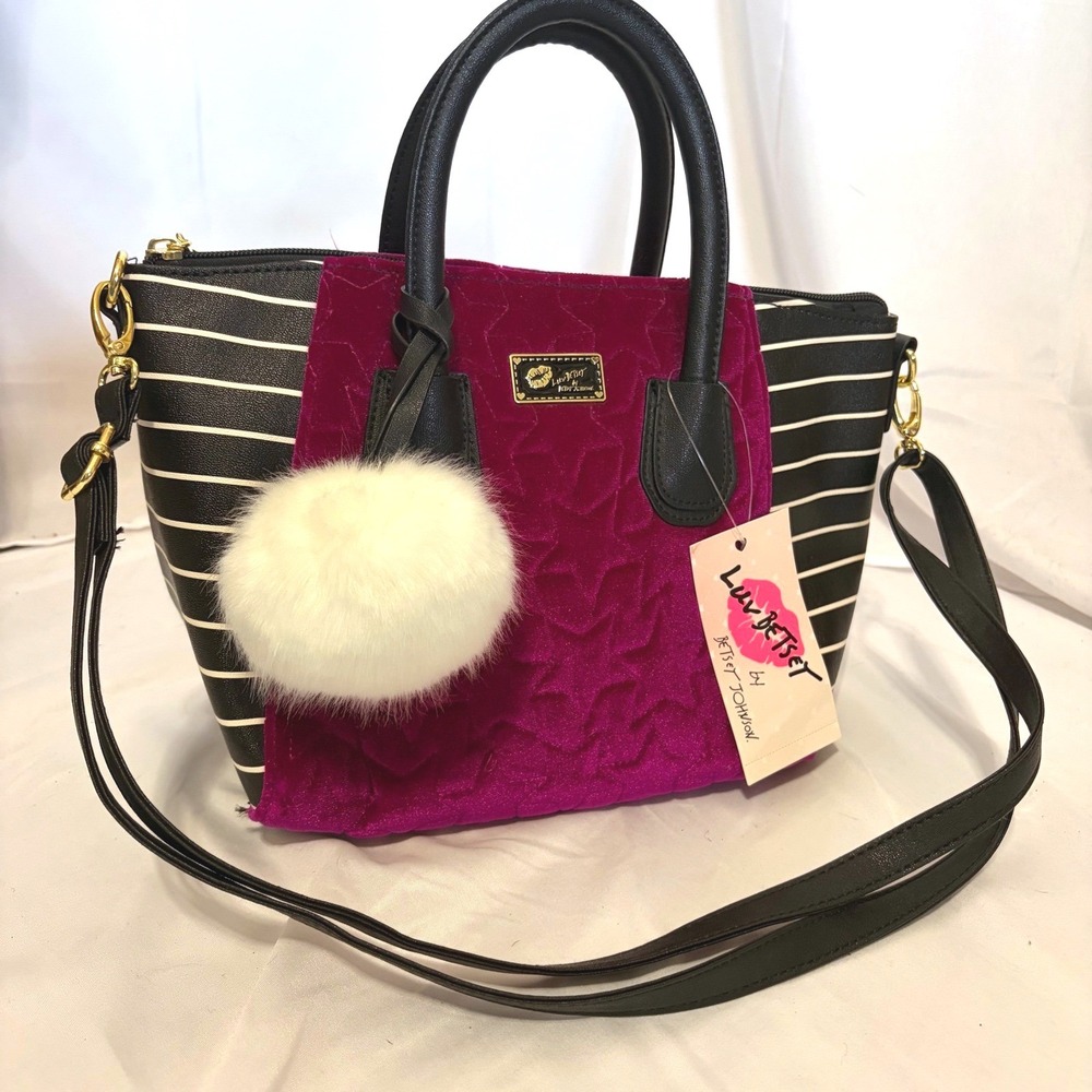 NWT Luv Betsey by Betsey Johnson Striped Star Velvet Purse with white fluff ball - Picture 2 of 13